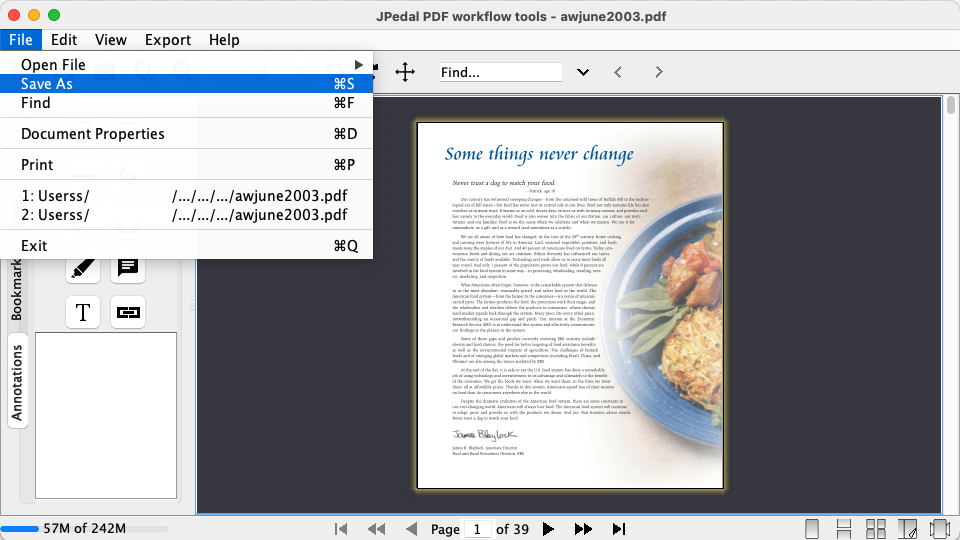 保存メニュー項目が表示されたJPedal Viewer