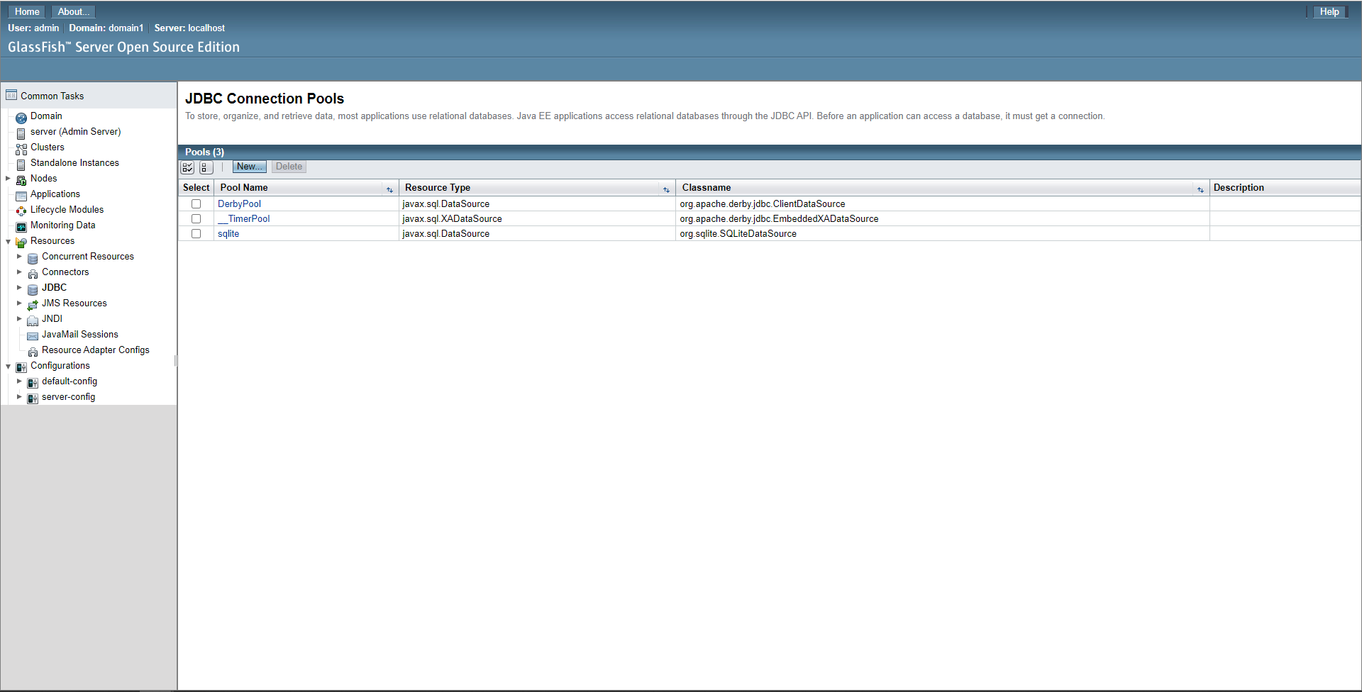 The glassfish JDBC Connection Pools page
