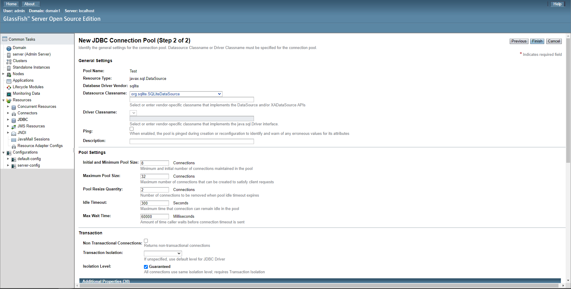 The glassfish JDBC New Connection Pool page 2
