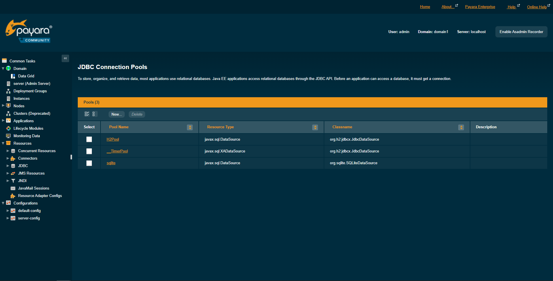 Payara JDBC Connection Poolsページ