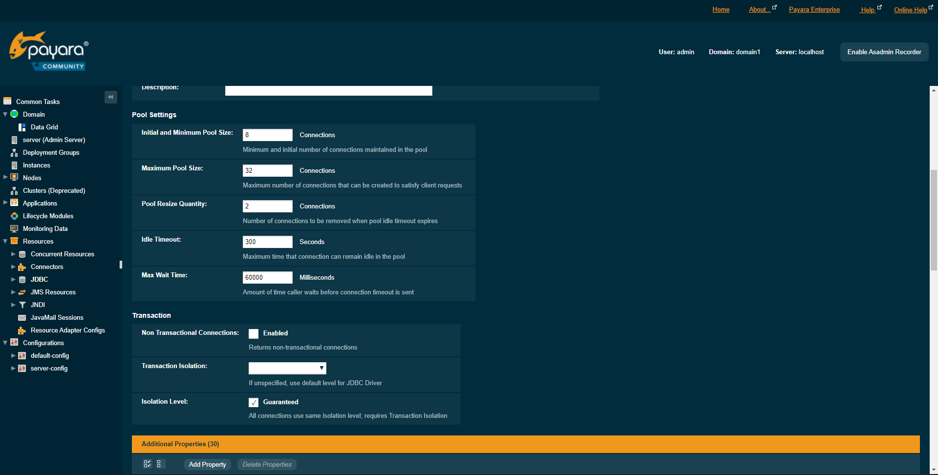 Payara JDBC New Connection Poolページ2 追加プロパティ