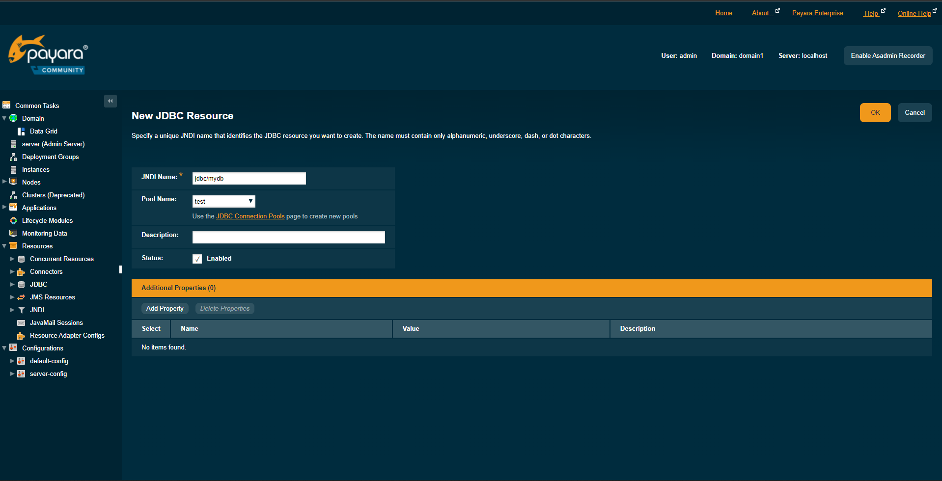 Payara JDBC New Resourceページ