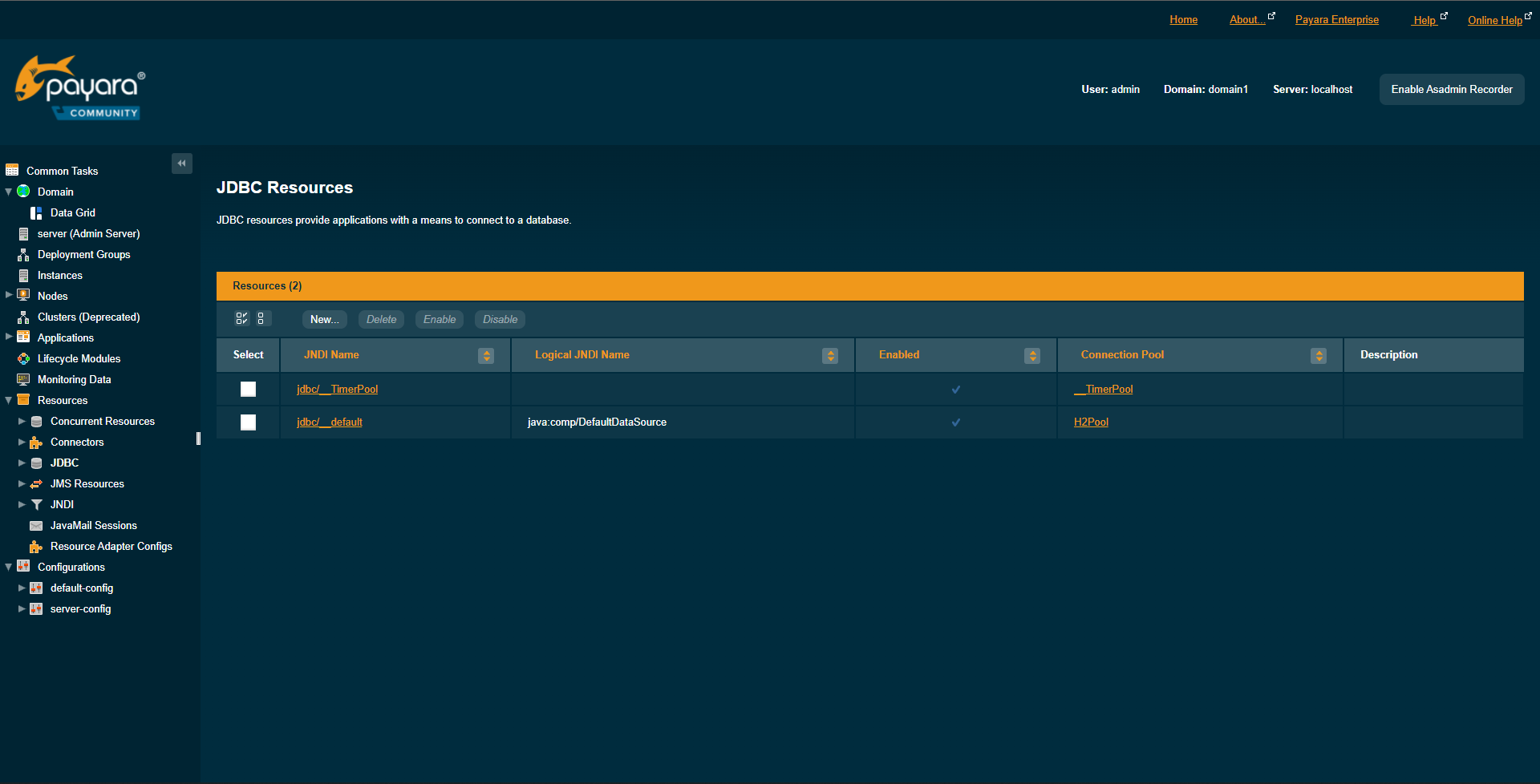 Payara JDBC Resourcesページ
